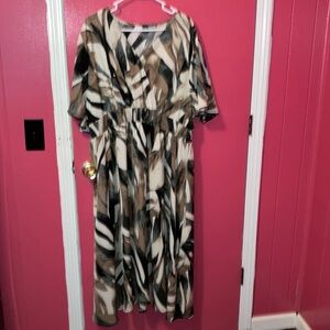 SHEIN Cream and Brown Maxi Sundress with Flutter Sleeves